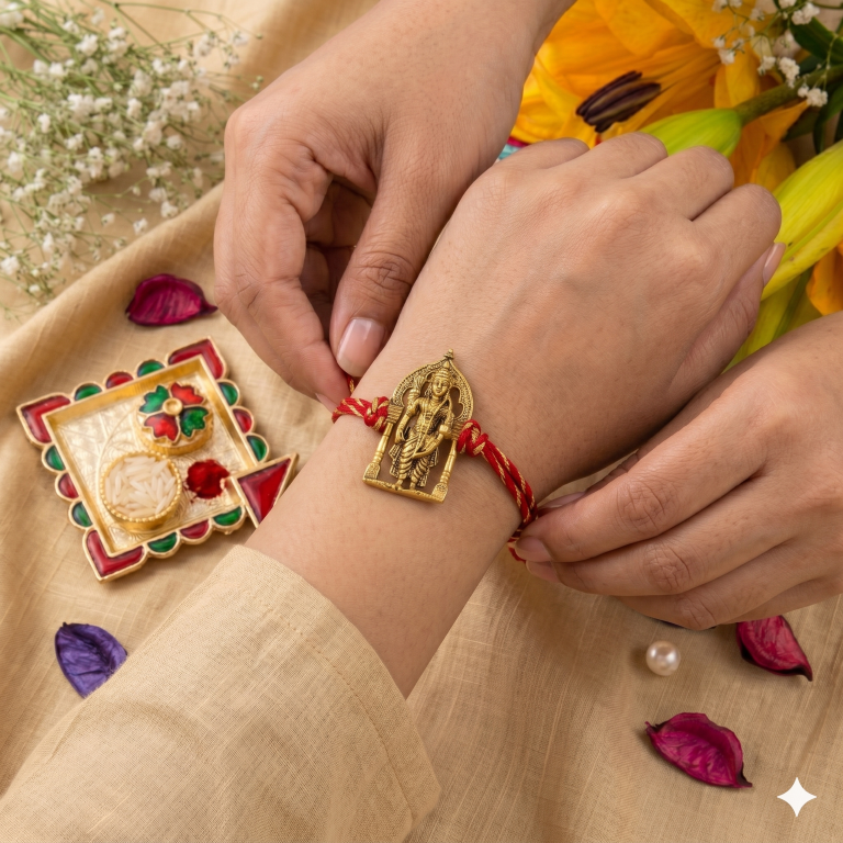 Rakhi Gift Set Brother with Tirupati Ram Lalla Rakhi, Roli Chawa, Sipra, Key Chain and chocolate box