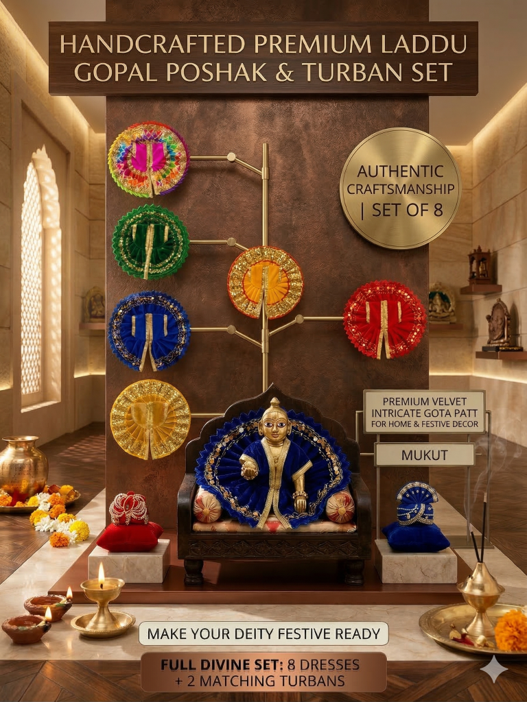 Tiny Shiny Laddu Gopal Poshak Thakur Ji Dress  Designer Dress for Kanha Ji Fancy Dress for Bal Krishna Janmaasthmi Special for Ladoo Gopal Ji (Poshak-8, Mukut-2, Size-2)