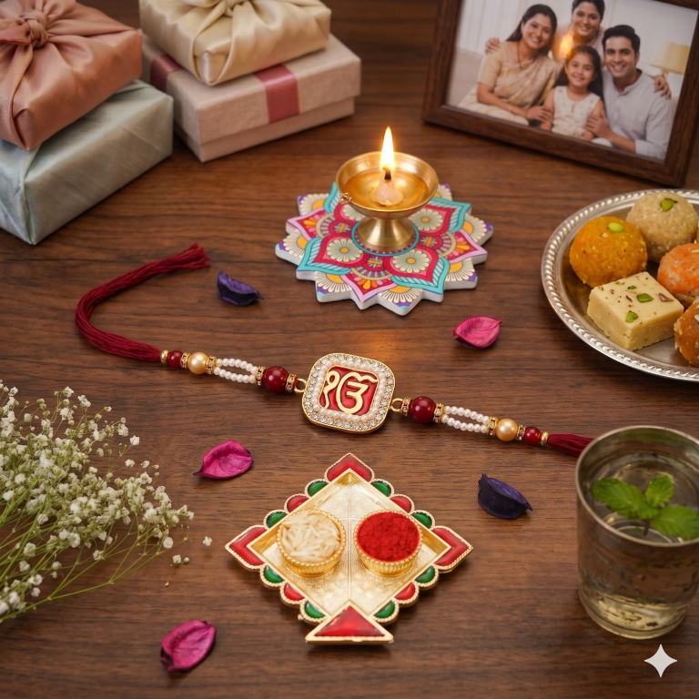 Rakhi Gift Set Brother with Ik Onkar Designer Rakhi, Roli Chawa, Sipra, Key Chain and chocolate box