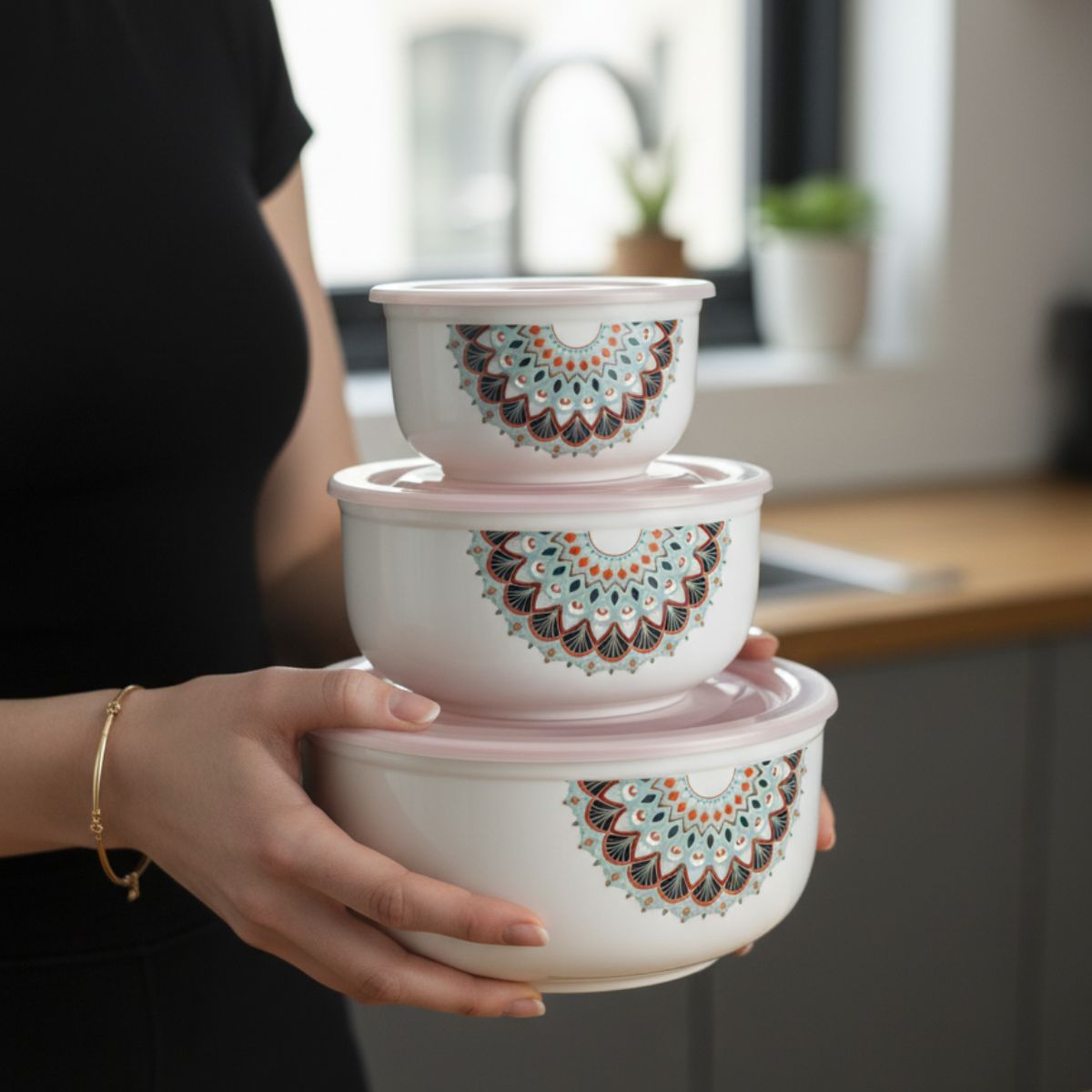 Mandala Printed Ceramic Bowl Set with Lids | Multipurpose Food Storage & Serving Bowls | Microwave & Dishwasher Safe | Durable Kitchen Bowls (Set of 3, Multisize)