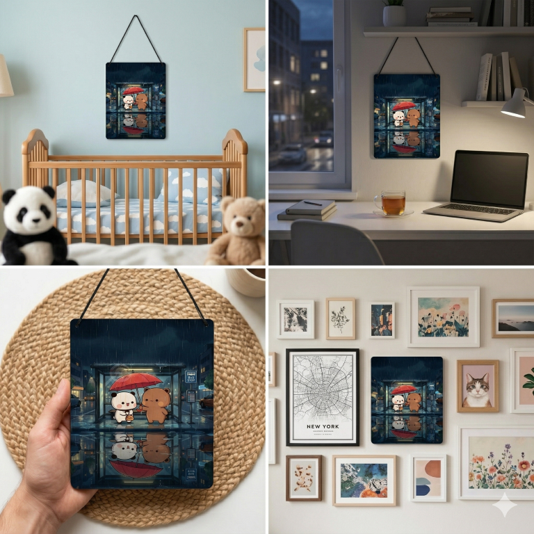 Rainy Night Bear Couple Wall Hanging | Aesthetic Romantic Room Decor