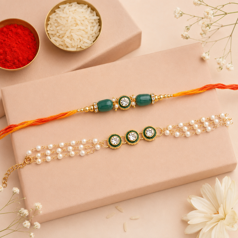 Bhai Bhabhi Rakhi Set | Green Stone Rakhi & Pearl Lumba Bracelet