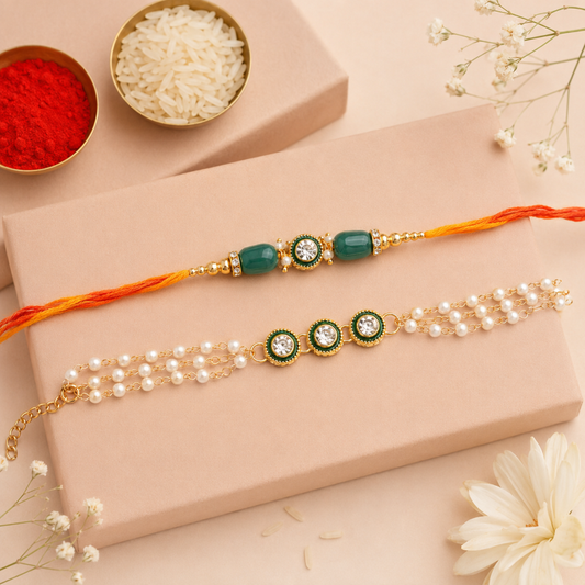 Bhai Bhabhi Rakhi Set | Green Stone Rakhi & Pearl Lumba Bracelet