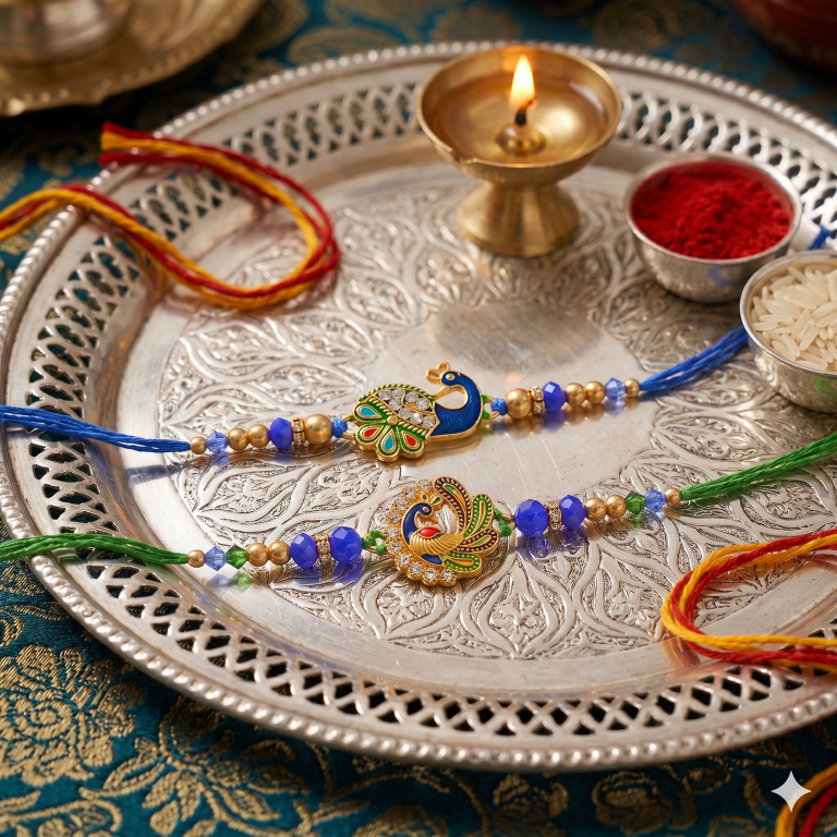 Rakhi Gift Set with 2 Royal Peacock Rakhi Set, Roli Chawa, Sipra, Key Chain and chocolate box