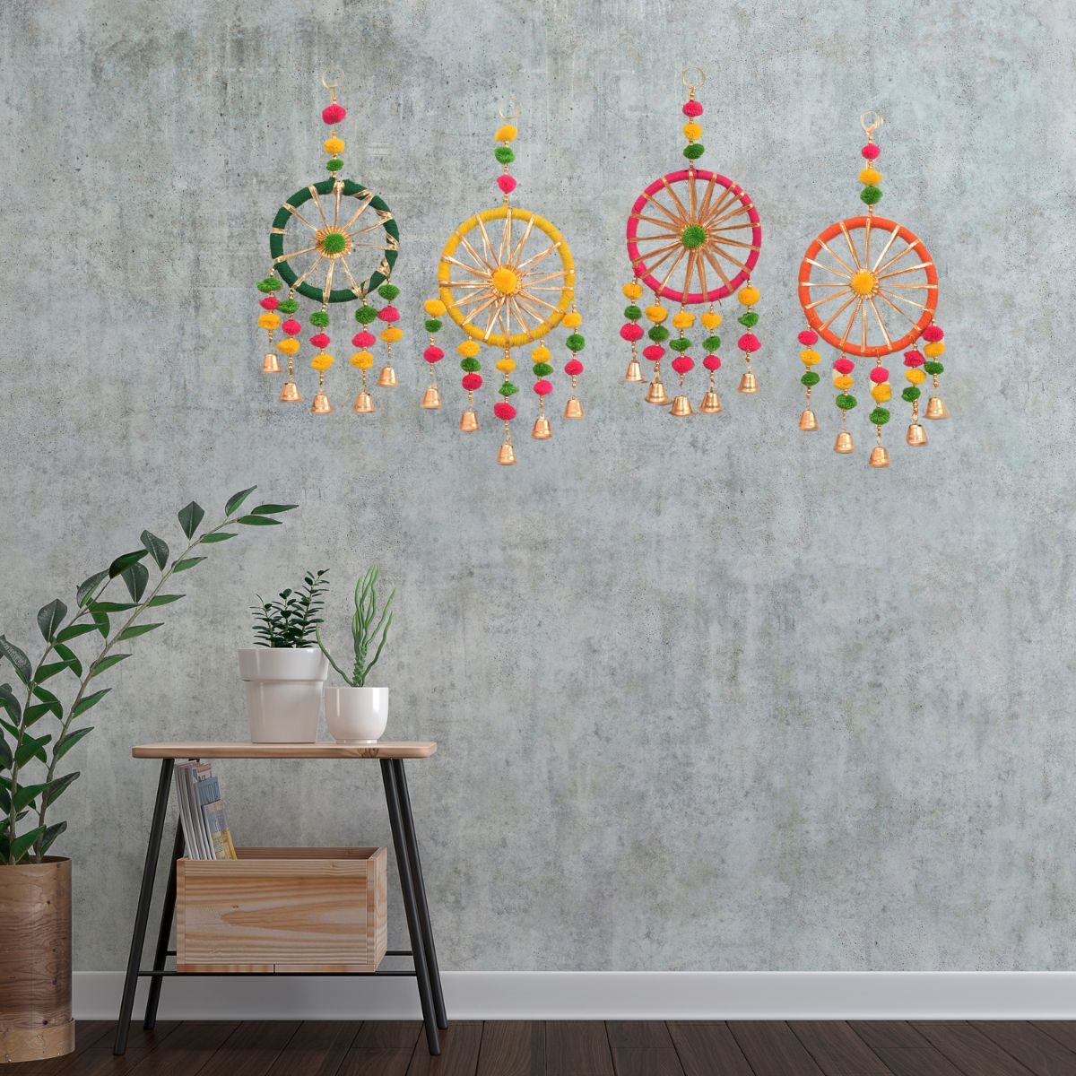 Boho Handmade Dreamcatcher Wall Hanging with Pom Poms & Bells – Colorful Decorative Hanging Set
