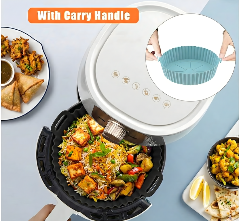 Air Fryer Liners I Round Silicone Basket Baking Tray I Pot with Ear Handles I Nonstick Reusable Heat Resistant I Cooking Oven Insert Accessories - Multicolor (Pack of 2)