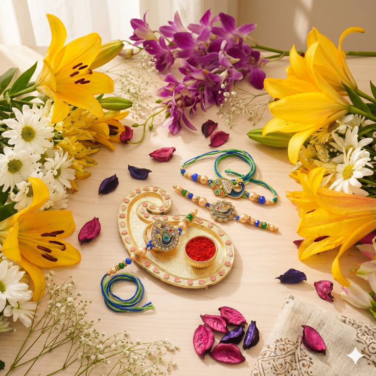 Rakhi Gift Set for Bhai with 3 Royal Peacock Rakhi Trio, Roli Chawa, Sipra, Key Chain and chocolate box
