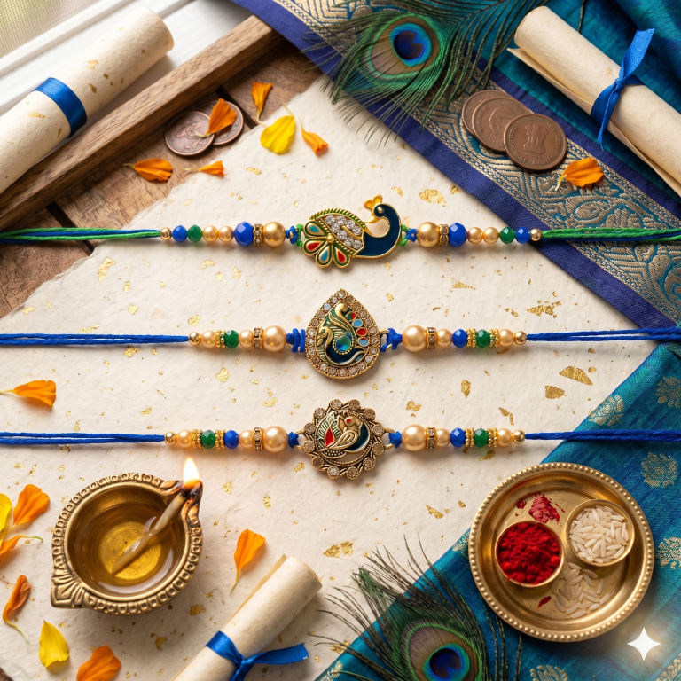 Rakhi Gift Set for Bhai with 3 Royal Peacock Rakhi Trio, Roli Chawa, Sipra, Key Chain and chocolate box