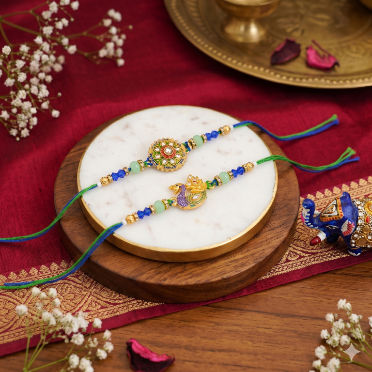 Rakhi Gift Set with 2 Mandala & Peacock Rakhi Set, Roli Chawa, Sipra, Key Chain and chocolate box