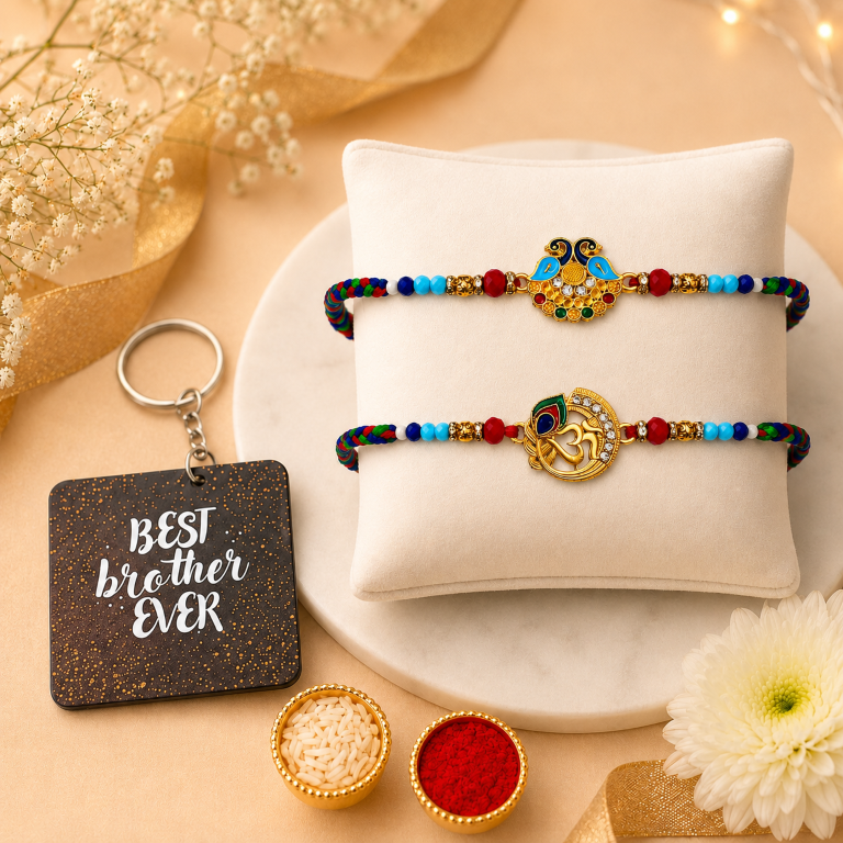 Rakhi Gift Set with 2 Peacock & Om Rakhi Set, Roli Chawa, Sipra, Key Chain and chocolate box