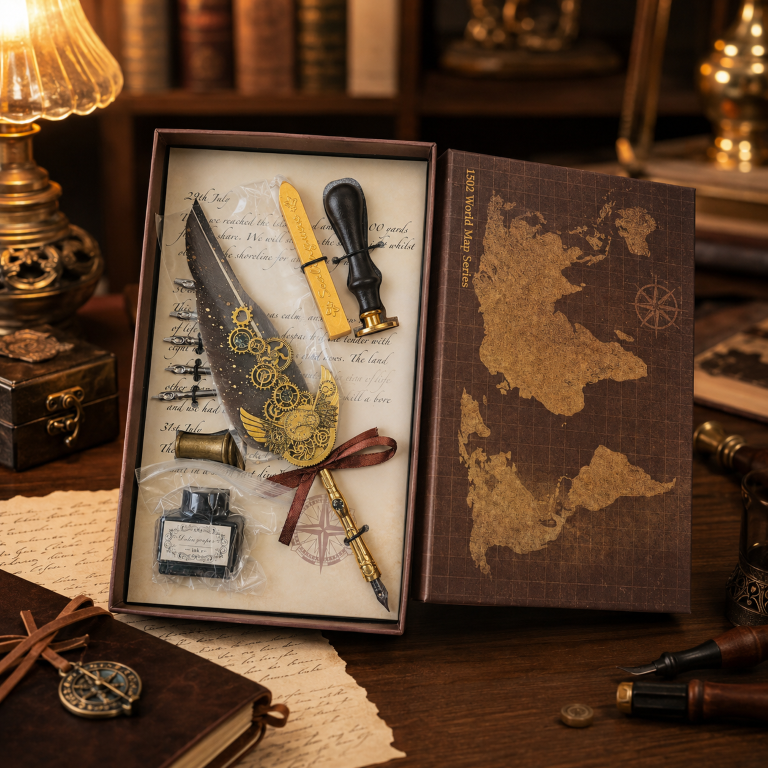 Harri Pott-er Style Feather Quill Pen Calligraphy Writing Set with Ink Bottle & Metal Nibs