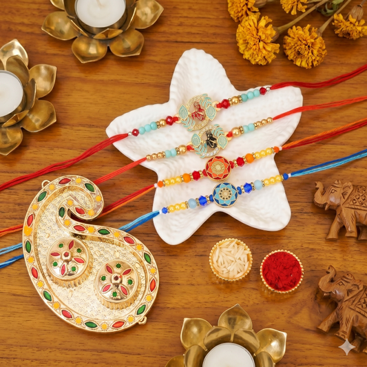 Rakhi Gift Set with 4 Radha Krishna Rakhi Set, Roli Chawa, Sipra, Key Chain and chocolate box