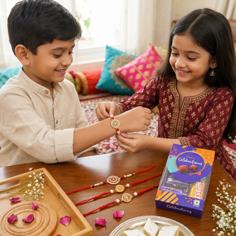 Rakhi Gift Set for Bhai with 3 Krishna Ganesha Rakhi Set, Roli Chawa, Sipra, Key Chain and chocolate box