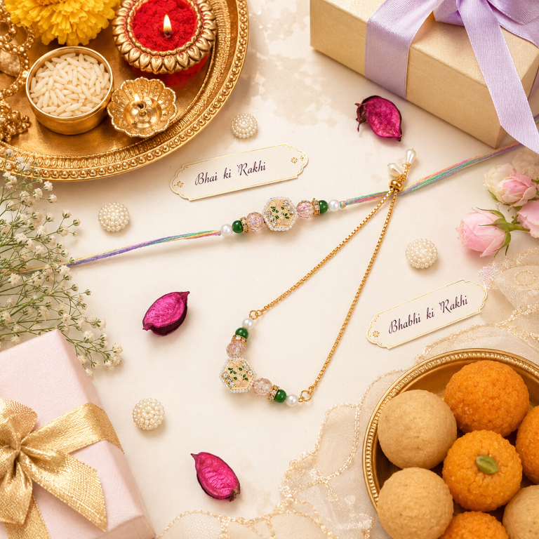 Bhai Bhabhi Rakhi Set | Floral Designer Rakhi & Adjustable Lumba
