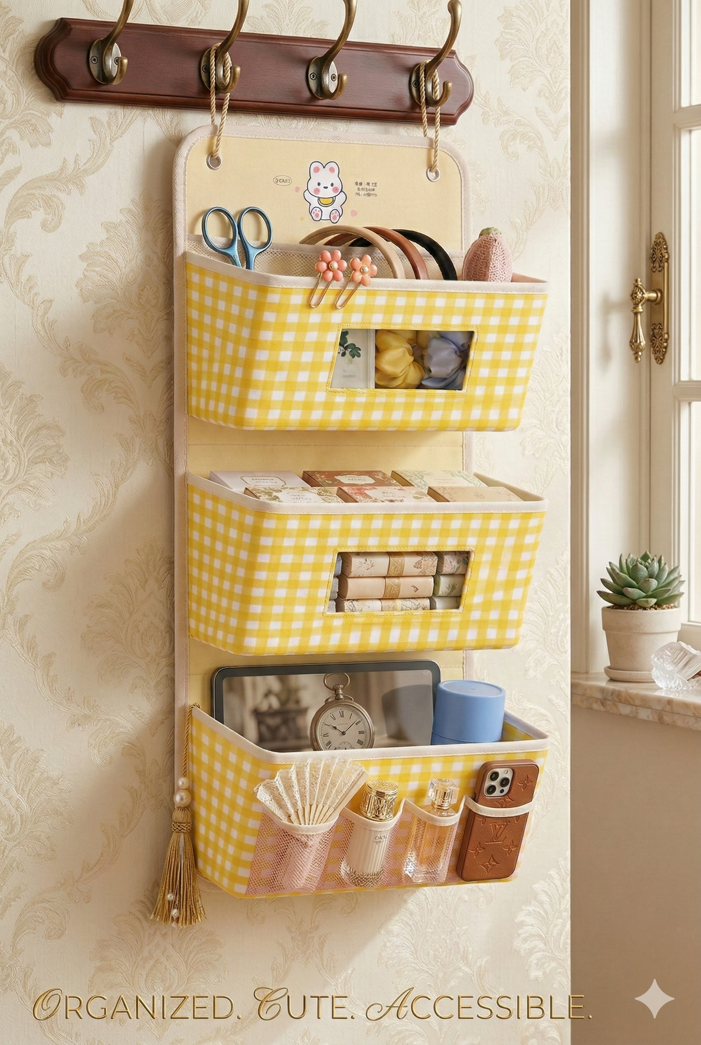 Tiny Shiny Over Door Hanging Organizer — 3 Pocket  Fabric Storage Bag with Mesh Windows | Red Yellow