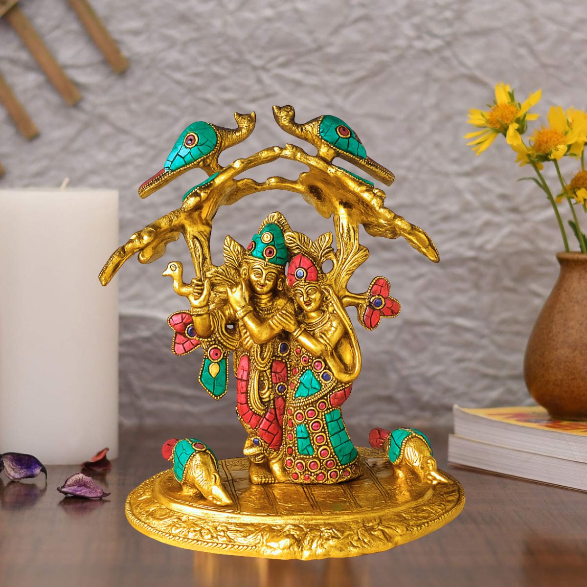 Metal Statue of Radha Krishna Under Tree with Peacock