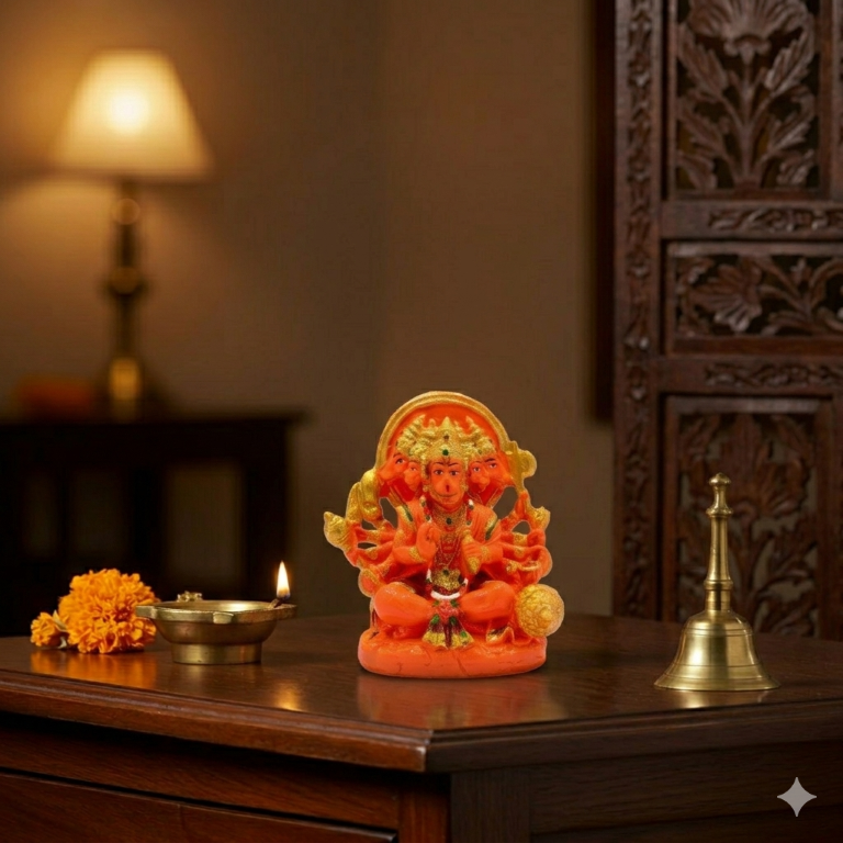 Divine Panchmukhi Hanuman Idol - Vibrant Saffron & Gold Finish (10 cm) | Five-Faced Bajrang Bali for Protection & Vastu