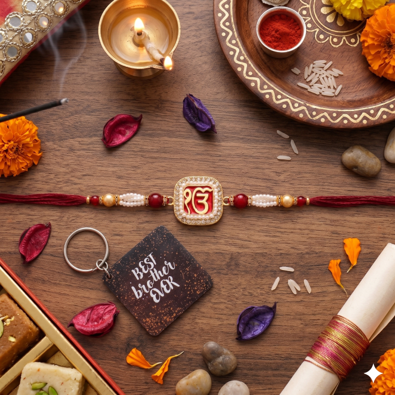 Rakhi Gift Set Brother with Ik Onkar Designer Rakhi, Roli Chawa, Sipra, Key Chain and chocolate box