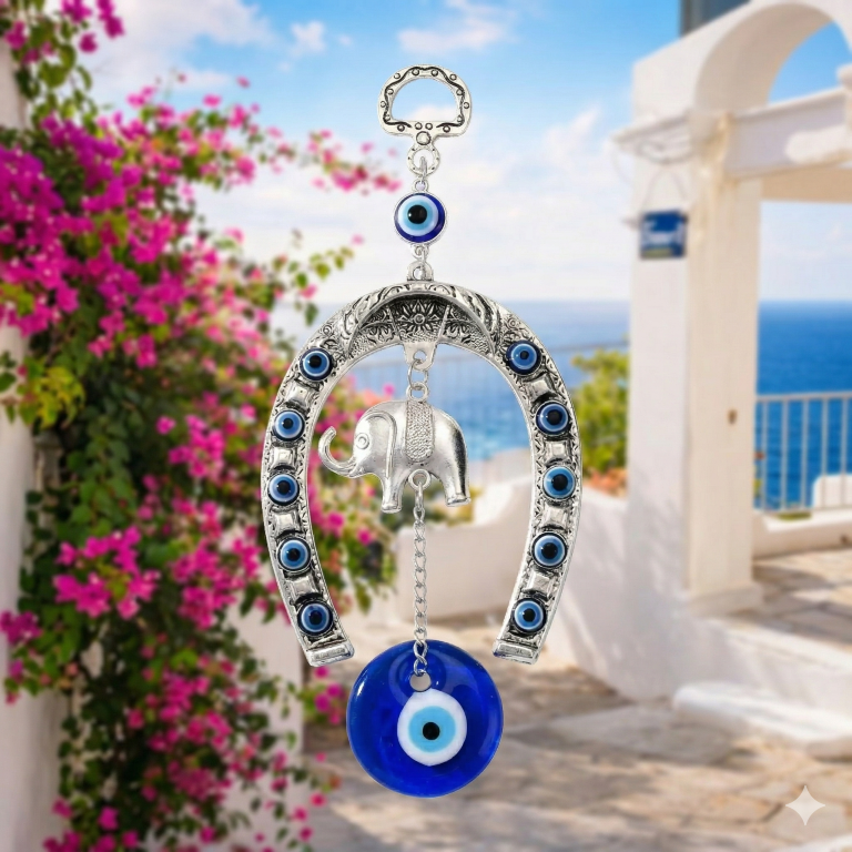 Glass Turkish Silver Horse Shoe Blue Evil Eye Hanging Ornament with Elephant Home Entrance Protection Amulet for Good Luck & Prosperity Main Door & Wall Décor