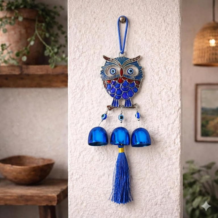 Evil Eye Hanging Nazar Battu for Home Entrance, Door & Wall Decoration | Turkish Evil Eye Big Size Hanging | Moon Design Wall Hanging for Protection & Positivity (3 Bell owl)