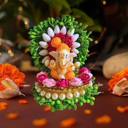 Tiny Shiny Lord Ganesha Idol with Green Floral Arch  and Mogra Rose Pearl Plate