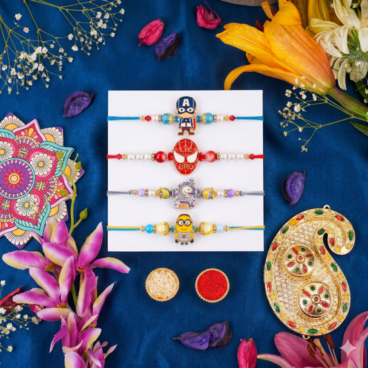Captain, Lil Bro, Unicorn & Minion Kids Rakhi Set of 4 Designer Rakhi for Brother