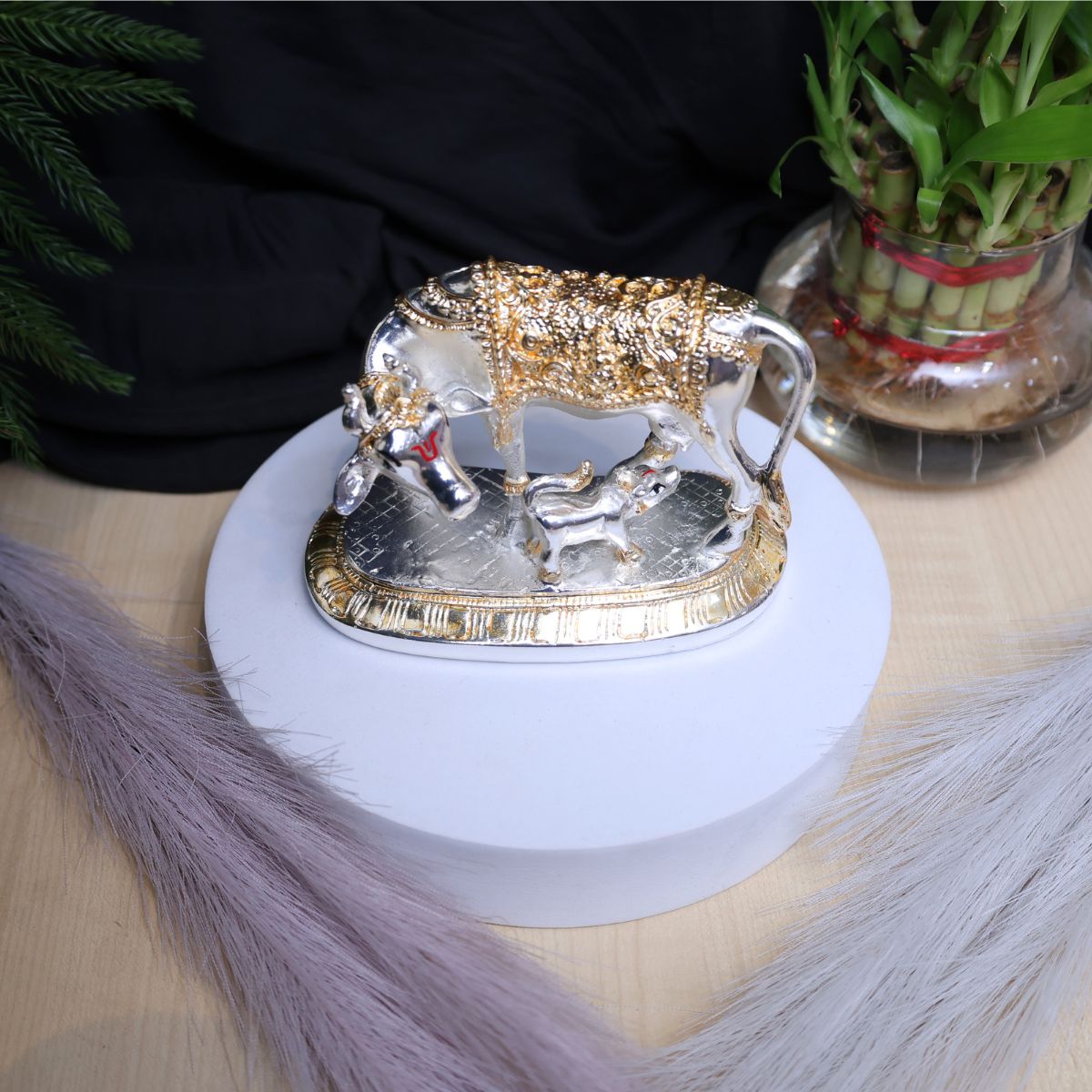 Kamdhenu Silver Plated Hindu Cow & Calf Idol, Gold Detailed Religious Statue, Decorative Showpiece for Home Temple, Office, Spiritual Gift - image 3