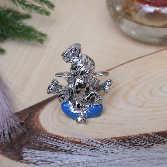 NOMTL Silver Finish Ganpati Idol with Blue Dhoti, Mini Decorative Ganesha Murti for Home Temple, Car Dashboard, Office Desk - image 2