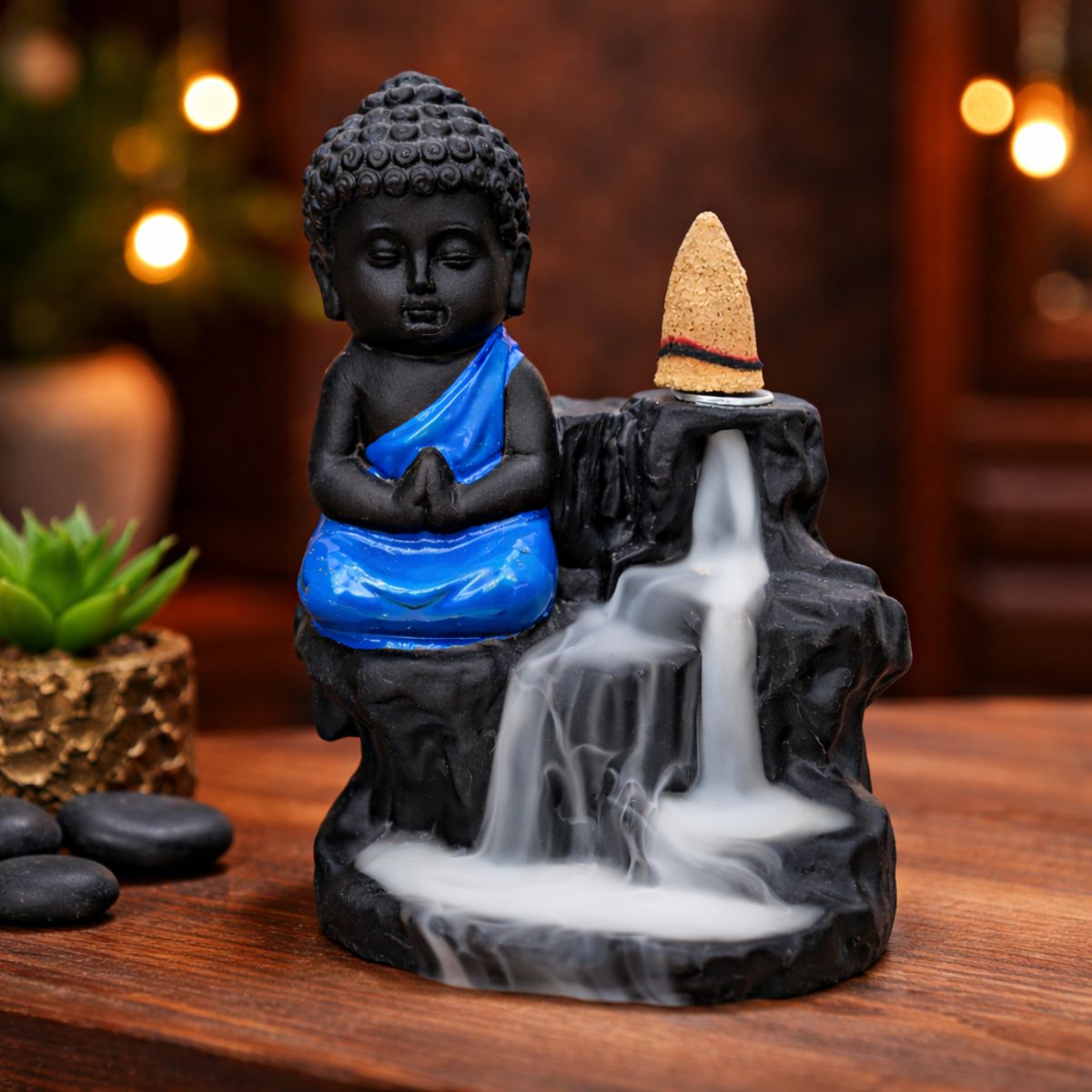 Tiny Shiny Polyresin Meditating Monk Buddha Smoke Backflow Cone Incense Holder Decorative Showpiece with 10 Free Smoke Backflow Scented Cone Incenses