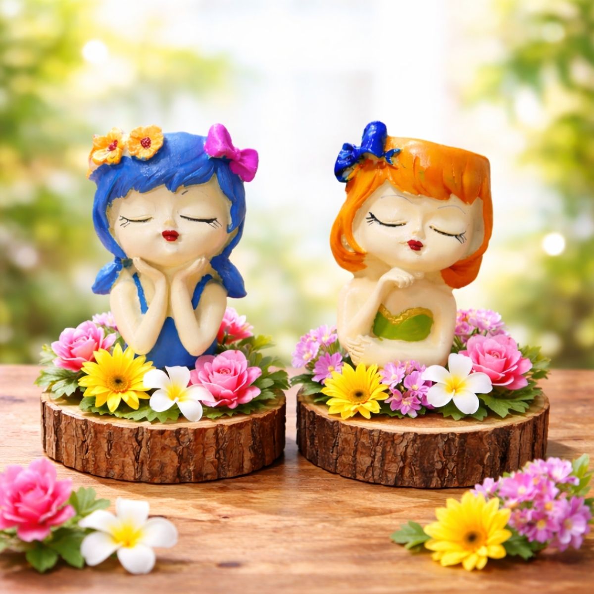Tiny Shiny Girls Flowerpot Green Head Planter Pot Resin Cute Girl Statue Planter Decorative Cactus Plant Container for Tabletop Garden Home Office Decor Item 2 Girls