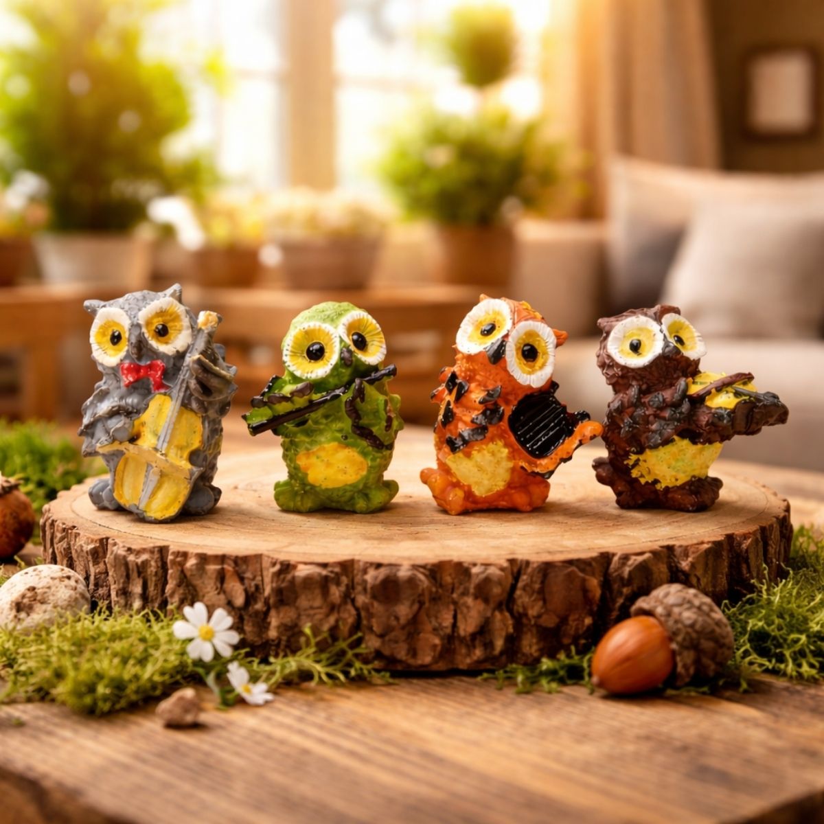 Tiny Shiny Owl Showpiece, Figurines, Statues for Good Luck Playing Musical Instruments for Home & Office Decor Showpiece Decorative & Gifting Items (Set of 4) (Resin, Multicolor)