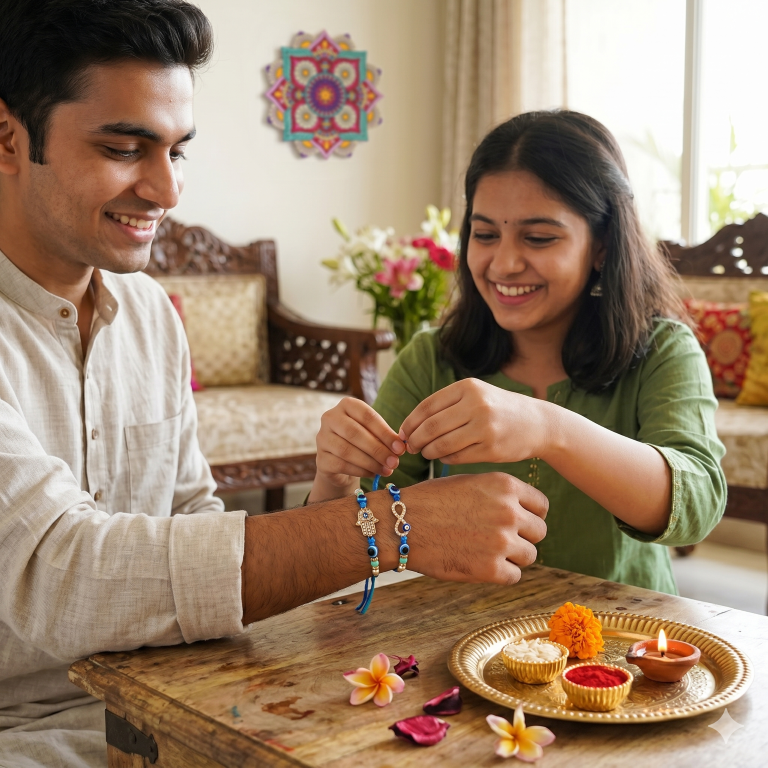 Set of 2 Hamsa & Infinity Rakhi Set for Brother & Bhavi, Multicolor