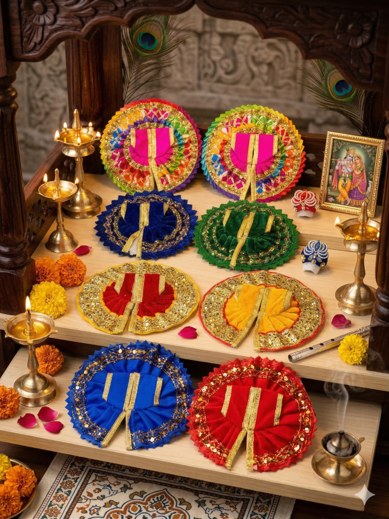 Tiny Shiny Laddu Gopal Poshak Thakur Ji Dress  Designer Dress for Kanha Ji Fancy Dress for Bal Krishna Janmaasthmi Special for Ladoo Gopal Ji (Poshak-8, Mukut-2, Size-2)