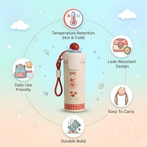 Cute Rabbit Stainless Steel Kids Water Bottle with Straw & Carry Strap – Leakproof Insulated Flask for School