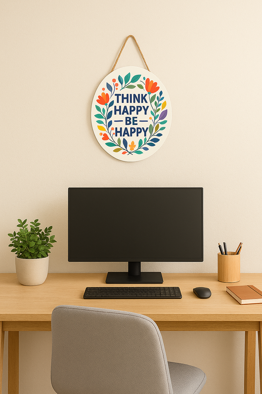 Think Happy Be Happy Floral Hanging Wall Plaque | Decorative Motivational Wall Hanging for Home, Office & Gifting