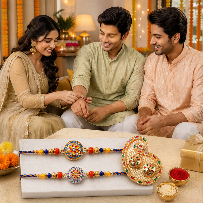 Rakhi Gift Set with 2 Twin Mandala Rakhi Pair, Roli Chawa, Sipra, Key Chain and chocolate box