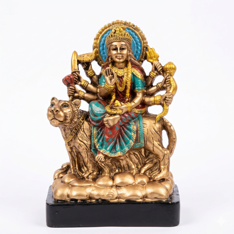 Divine Maa Durga Idol on Lion - Antique Bronze & Turquoise Finish (13.5 cm) | Sherawali Mata Murti for Home Decor & Pooja