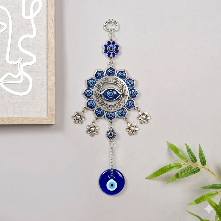Silver Flower Mandala Evil Eye Wall Hanging with Dangle Charms