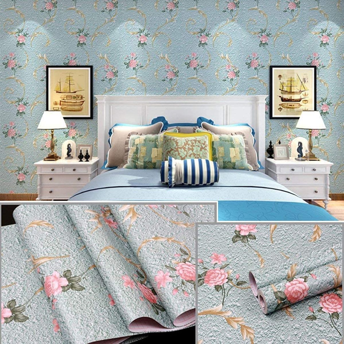 Blue Damask Removable PVC Vinyl Wallpaper for Walls