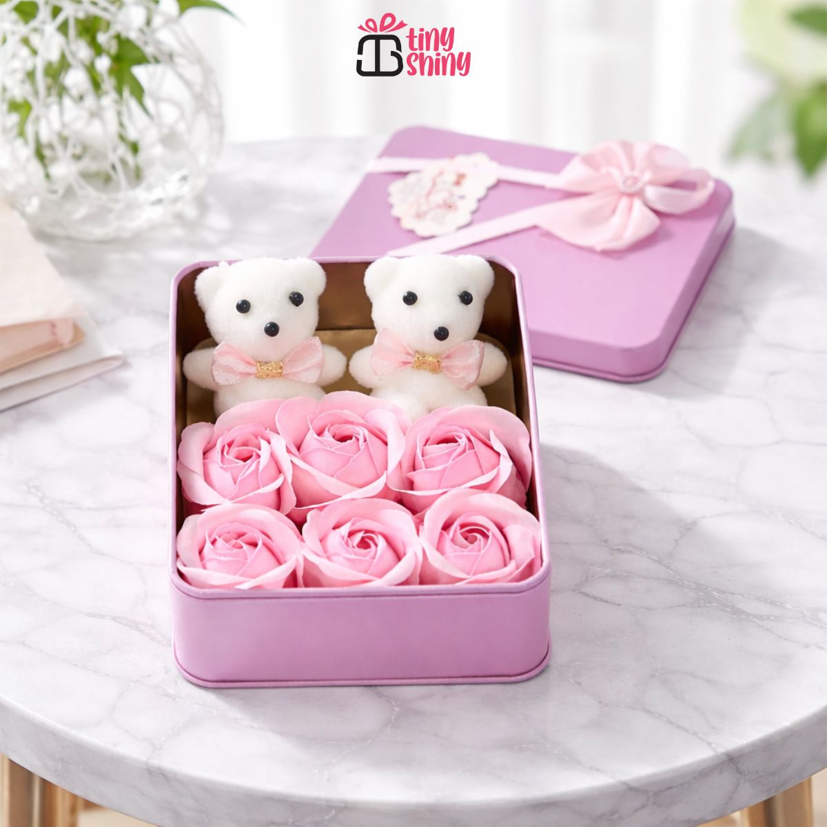 Premium Valentine Pink Square Shape Box with 6 Pink Roses, 2 Teddy