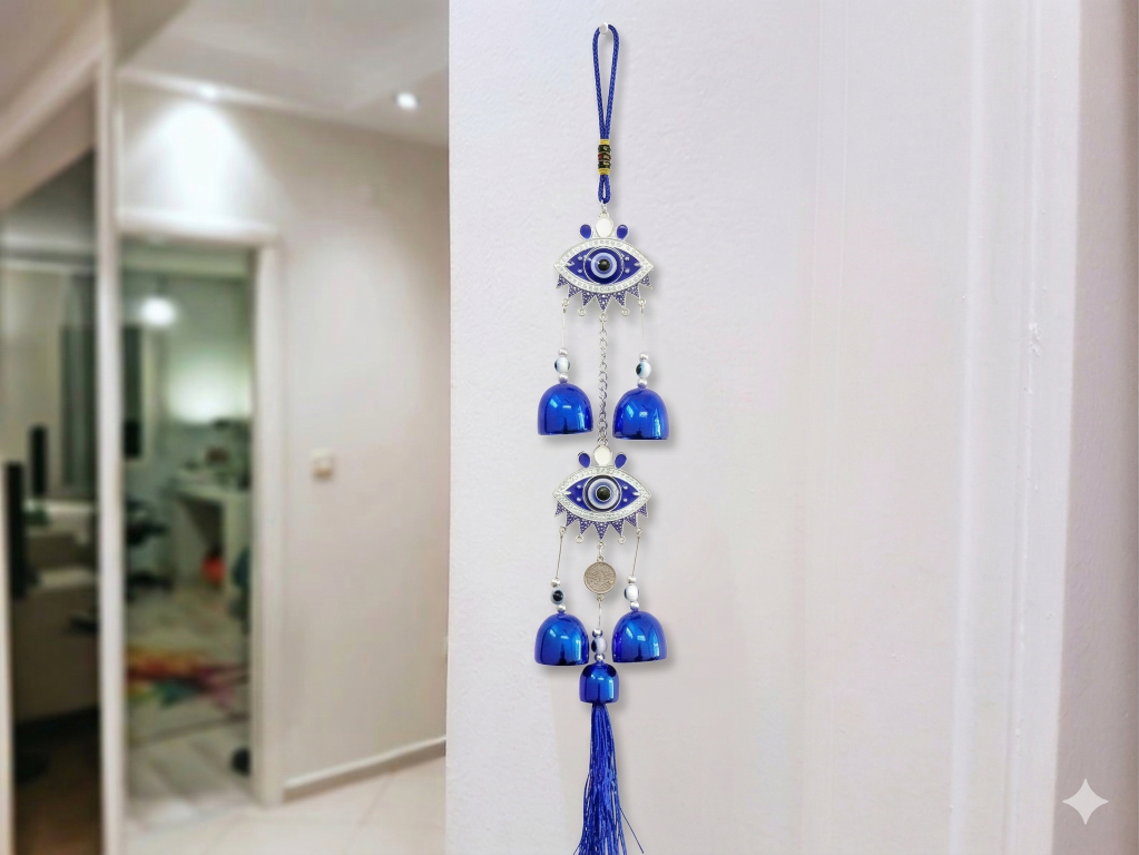 Evil Eye Hanging Nazar Battu for Home House Entrance Protection Door Decoration, Car Mirror Hanging, Housewarming Gift (Wind Chime Evil Eye)