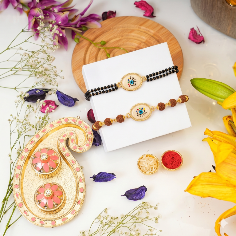 Bhai Bhabhi Rakhi Set | Evil Eye Rakhi & Rudraksha Lumba Bracelet