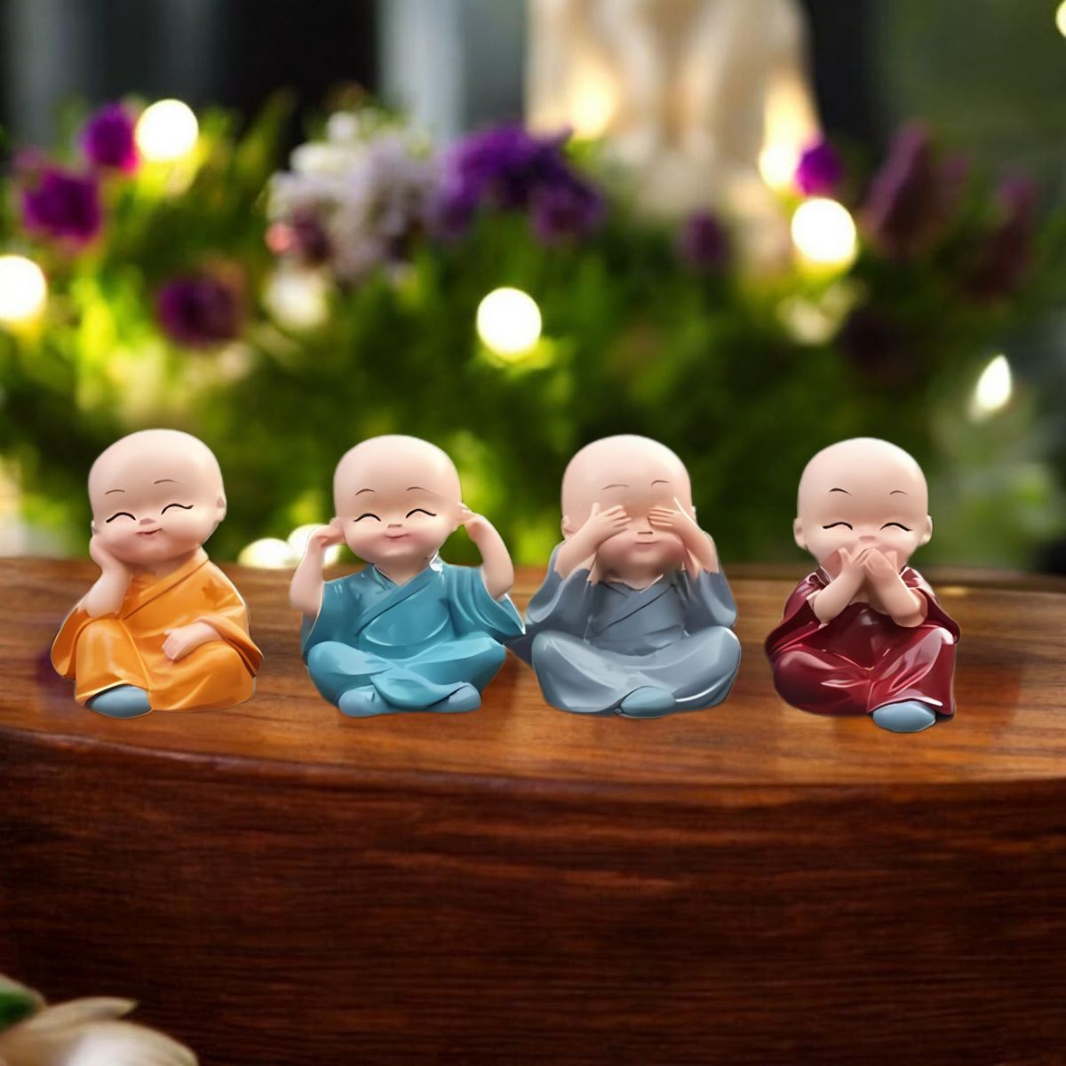 Tiny Shiny Colourful 4 Monks Buddha Monk Statues