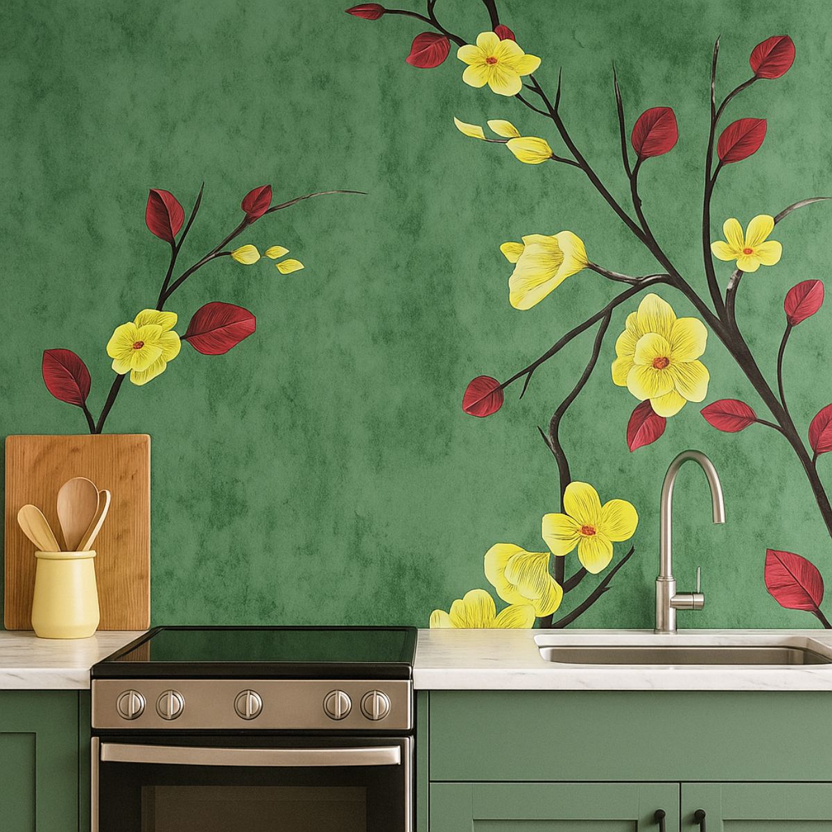 Tiny Shiny Green Floral Removable PVC Vinyl Wallpaper for Walls