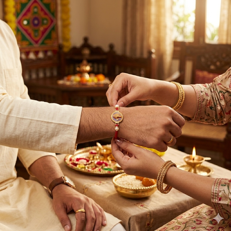 Rakhi Gift Set with 2 Divine Ram Lalla Rakhi Set, Roli Chawa, Sipra, Key Chain and chocolate box