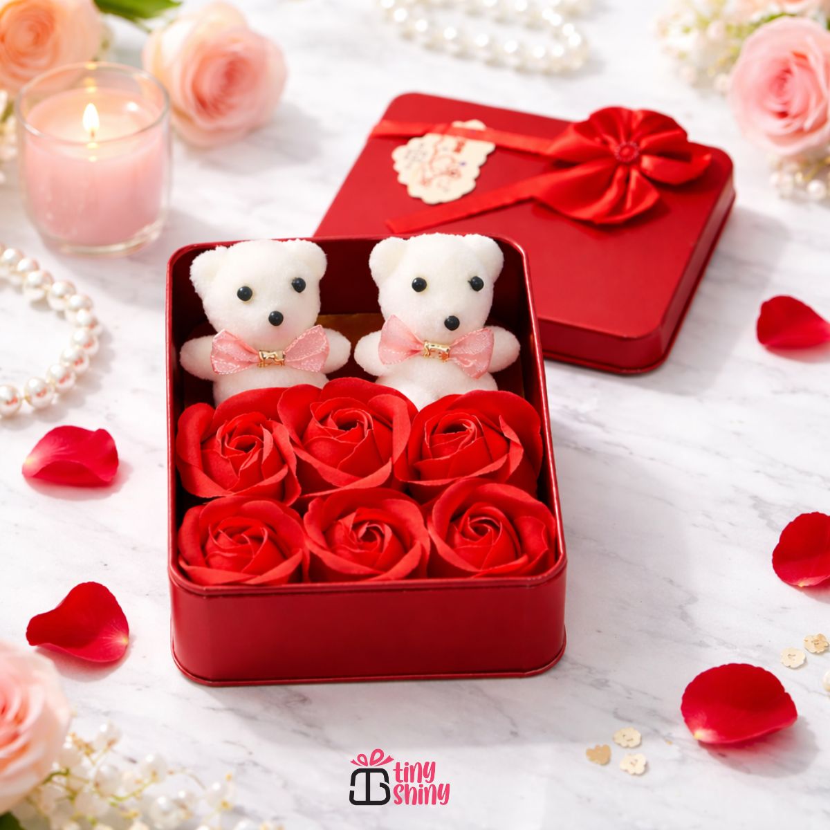 Red Square Shape Box with 6 Red Roses, 2 Teddy