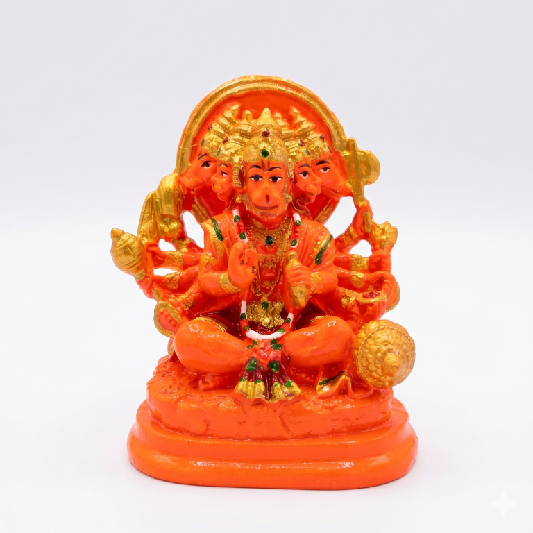 Divine Panchmukhi Hanuman Idol - Vibrant Saffron & Gold Finish (10 cm) | Five-Faced Bajrang Bali for Protection & Vastu