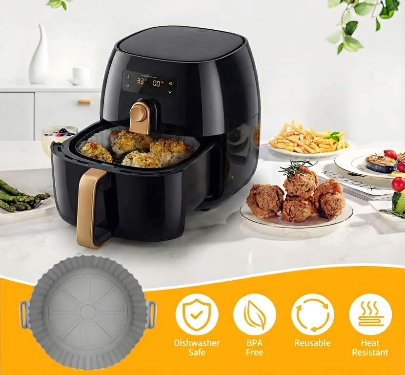 Air Fryer Liners I Round Silicone Basket Baking Tray I Pot with Ear Handles I Nonstick Reusable Heat Resistant I Cooking Oven Insert Accessories - Multicolor (Pack of 2)