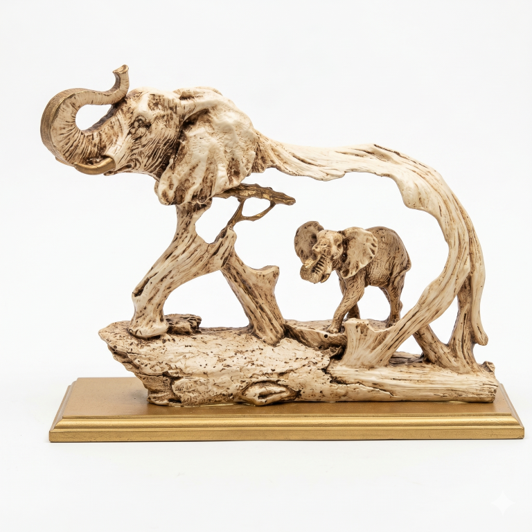 Antique Ivory & Gold Elephant Family Figurine | Majestic Wildlife Home Decor