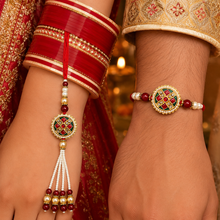Designer Meenakari Bhaiya Bhabhi Rakhi Set with Pearl Lumba – Red & Green Traditional Raksha Bandhan Rakhi